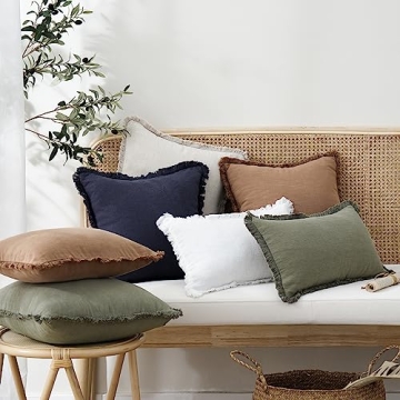 Foindtower Natural Linen Fringe Pillow Covers - Olive Green