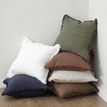 Foindtower Natural Linen Fringe Pillow Covers - Olive Green