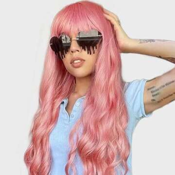OCHiC Pink Wig With Bangs Long Pink Wavy Wigs for Women Pink Wigs with Bangs Synthetic Wig Halloween...