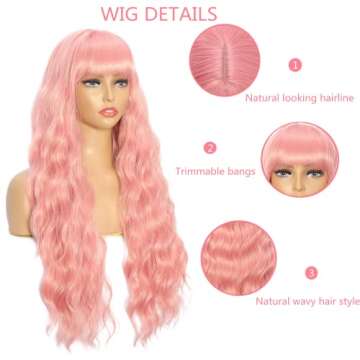 OCHiC Pink Wig With Bangs Long Pink Wavy Wigs for Women Pink Wigs with Bangs Synthetic Wig Halloween Cosplay Party Heat Resistant Wig (28 inches Pink)