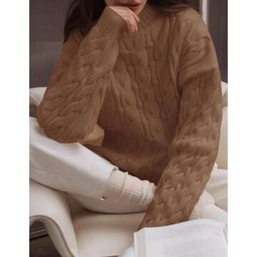 ZESICA Women's Sweaters Fall Winter Long Sleeve Mock Neck Solid Color Casual Loose Chunky Pullover Sweater,Clay,Large