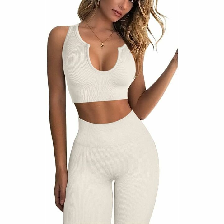 QINSEN Women's Ribbed Seamless Yoga Set - Stylish Comfort