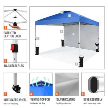 CROWN SHADES 10x10 Pop Up Canopy with 1 Side Wall - Beach Tent with One Push Setup - Outdoor Sun Shade for Events, Parties, Camping - Gazebo with STO-N-Go Cover Bag (Blue)