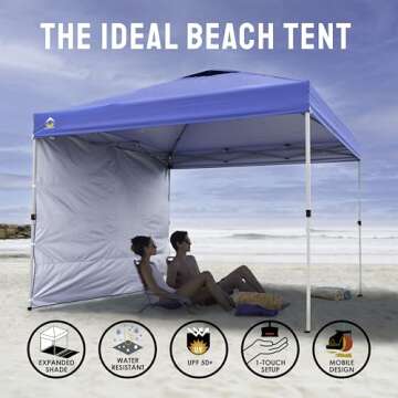 CROWN SHADES 10x10 Pop Up Canopy with 1 Side Wall - Beach Tent with One Push Setup - Outdoor Sun Shade for Events, Parties, Camping - Gazebo with STO-N-Go Cover Bag (Blue)