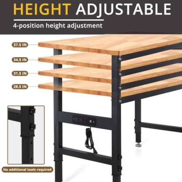 48" Adjustable Workbench, Rubber Wood Top Heavy-Duty Workstation, 2000 LBS Load Capacity Hardwood Wo...