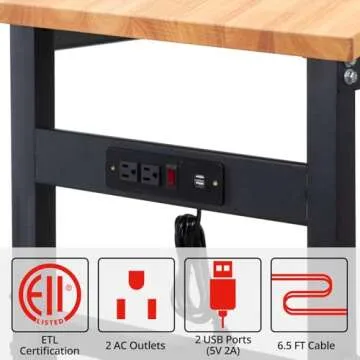 48" Adjustable Workbench, Rubber Wood Top Heavy-Duty Workstation, 2000 LBS Load Capacity Hardwood Worktable with Power Outlets for Garage, Workshop, Office, Home