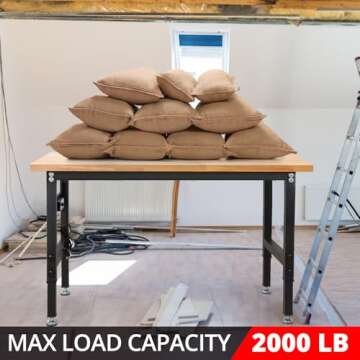 48" Adjustable Workbench, Rubber Wood Top Heavy-Duty Workstation, 2000 LBS Load Capacity Hardwood Worktable with Power Outlets for Garage, Workshop, Office, Home