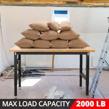 48" Adjustable Workbench, Rubber Wood Top Heavy-Duty Workstation, 2000 LBS Load Capacity Hardwood Worktable with Power Outlets for Garage, Workshop, Office, Home