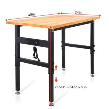 48" Adjustable Workbench, Rubber Wood Top Heavy-Duty Workstation, 2000 LBS Load Capacity Hardwood Worktable with Power Outlets for Garage, Workshop, Office, Home