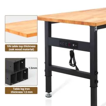 48" Adjustable Workbench, Rubber Wood Top Heavy-Duty Workstation, 2000 LBS Load Capacity Hardwood Worktable with Power Outlets for Garage, Workshop, Office, Home