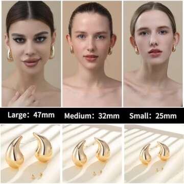 Ascona Extra Large Chunky Gold Hoop Earrings for Women, Big Statement Lightweight Teardrop Waterdrop Tear Drop Earrings, Hypoallergenic Fashion Jewelry