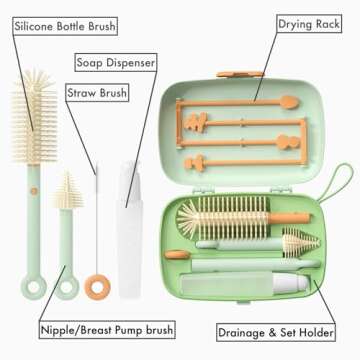 Travel Baby Bottle Cleaning Kit, 7in1 Extendable Silicone Travel Bottle Brush Set & Drying Rack, Nipple, Straw, & Breast Pump Portable Cleaning, wd Soap Dispenser & Organizer Case, Gift for Mom