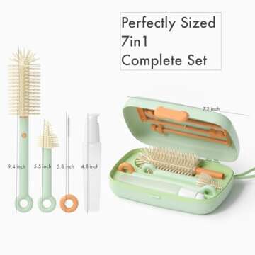 Travel Baby Bottle Cleaning Kit, 7in1 Extendable Silicone Travel Bottle Brush Set & Drying Rack, Nipple, Straw, & Breast Pump Portable Cleaning, wd Soap Dispenser & Organizer Case, Gift for Mom
