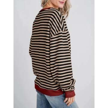 Fisoew Womens Striped Oversized Sweatshirt Color Block Crew Neck Long Sleeve Shirt Casual Loose Pullover Top Y2K Clothes Khaki