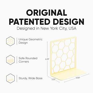 GEOMOD Geometric Honeycomb Yellow Metal Bookends Decorative - Tall Sturdy Book Ends for Shelves - Modern Heavy Duty Bookend Stopper - Office or Home Book Shelf - 6x3.25x6.25 Inches - 1 Pair