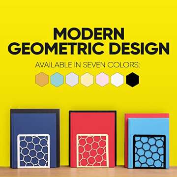 GEOMOD Geometric Honeycomb Yellow Metal Bookends Decorative - Tall Sturdy Book Ends for Shelves - Modern Heavy Duty Bookend Stopper - Office or Home Book Shelf - 6x3.25x6.25 Inches - 1 Pair