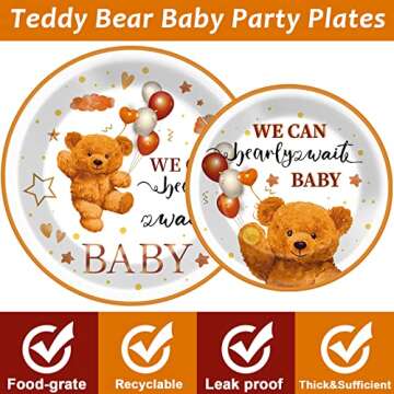 Wiooffen Bear Baby Shower Teddy Plates Napkins Supplies for 24 Guests Brown Bear Party Tableware Disposable We Can Bearly Wait Baby Bear Theme Baby Shower Party Decorations Favors, 96PCS