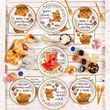 Wiooffen Bear Baby Shower Teddy Plates Napkins Supplies for 24 Guests Brown Bear Party Tableware Disposable We Can Bearly Wait Baby Bear Theme Baby Shower Party Decorations Favors, 96PCS