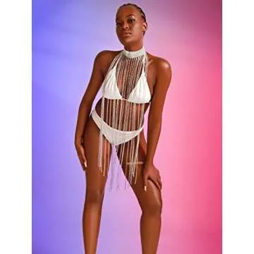 Fstrend Women Rhinestone Choker Long Tassel Necklaces Sparkly Crystal Collar Necklace Fashion Statement Party Festival Body Accessories Jewelry Chain