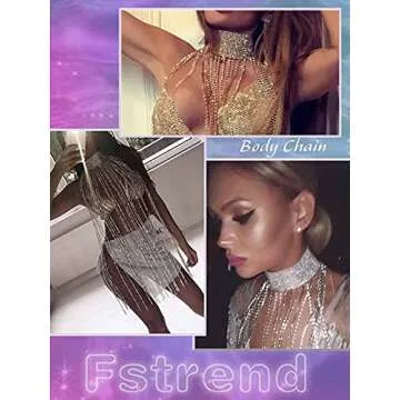 Fstrend Women Rhinestone Choker Long Tassel Necklaces Sparkly Crystal Collar Necklace Fashion Statement Party Festival Body Accessories Jewelry Chain