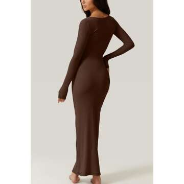 QINSEN Women's Soft Lounge Long Sleeve Dress - Ribbed Bodycon Maxi in Brown L