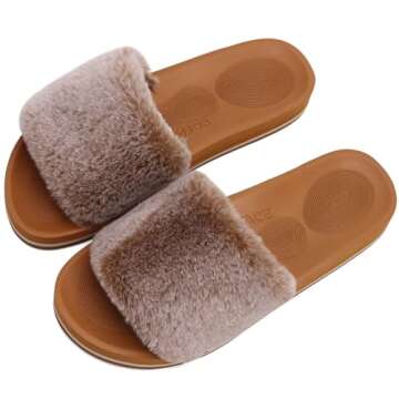 COFACE Womens Fuzzy Slippers Open Toe Fluff Slippers With Arch Support Plantar Fasciitis Orthotic Slippers Women Fur Slides House Shoes Khaki Size 9