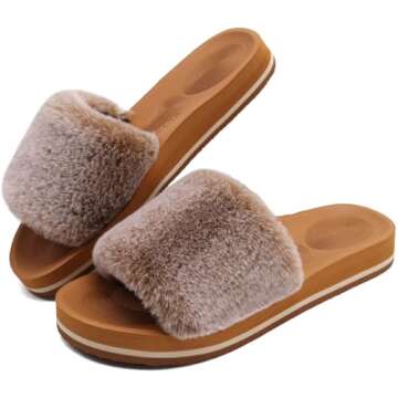 COFACE Womens Fuzzy Slippers Open Toe Fluff Slippers With Arch Support Plantar Fasciitis Orthotic Slippers Women Fur Slides House Shoes Khaki Size 9