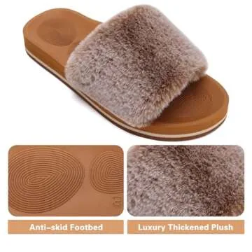 COFACE Womens Fuzzy Slippers Open Toe Fluff Slippers With Arch Support Plantar Fasciitis Orthotic Slippers Women Fur Slides House Shoes Khaki Size 9