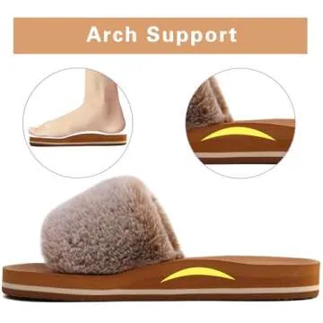 COFACE Womens Fuzzy Slippers Open Toe Fluff Slippers With Arch Support Plantar Fasciitis Orthotic Slippers Women Fur Slides House Shoes Khaki Size 9