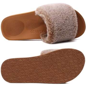 COFACE Womens Fuzzy Slippers Open Toe Fluff Slippers With Arch Support Plantar Fasciitis Orthotic Slippers Women Fur Slides House Shoes Khaki Size 9