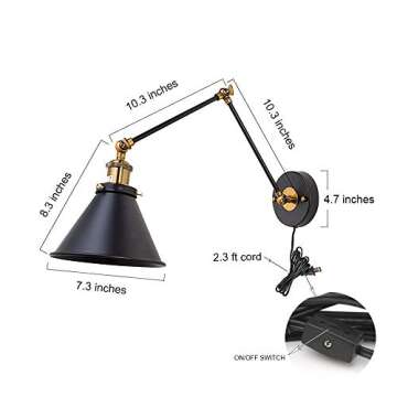 LNC Black Swing Arm Wall Lamp Adjustable Wall Sconces Plug-in Sconces Wall Lighting (2 Pack-Black)