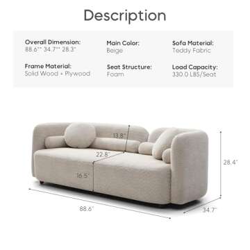 Yoglad 88.58‘’ 3-Seat Modern Curved Boucle Sofa, Cozy Thick Upholstered Teddy Loveseat, Half Moo...