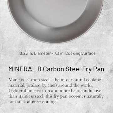 De Buyer MINERAL B Carbon Steel Fry Pan - 10.25” Diameter, 7.3” Cooking Surface - Ideal for Sear...