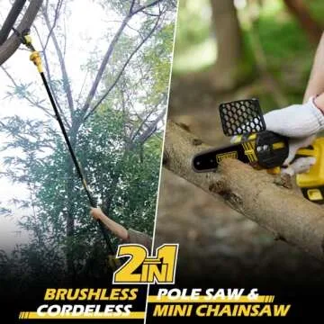 Cordless Pole Saw & Mini Chainsaw 2-IN-1, 21V 3Ah Battery Powered 6 Inch Brushless Electric Rotatabl...