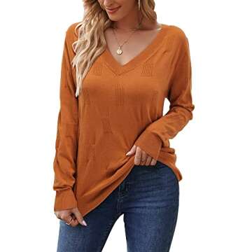 Arach&Cloz Women's Spring Tops 2025 Fashion Trendy V Neck Long Sleeve Shirts Knit Casual Pullover Sweater Clothes Red Caramel