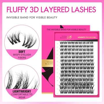 VEYESBEAUTY Lash Clusters Fluffy Individual Lash Extensions VBmuse 3D Layered Volume Eyelashes Thin & Invisible Band Wispy Faux Mink Lash Newbie's Five-Second Mixed Length 10-18mm