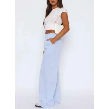 NUFIWI Women Y2k Lounge Pants High Waist Striped Printed Wide Leg Pants Summer Casual Going Out Pants with Pocket(A Blue 014,Small)