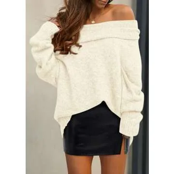 PRETTYGARDEN Women's Sweaters Spring Off The Shoulder Long Sleeve Top 2025 Outfits Loose Knitted Winter Pullover(Beige White,Medium)
