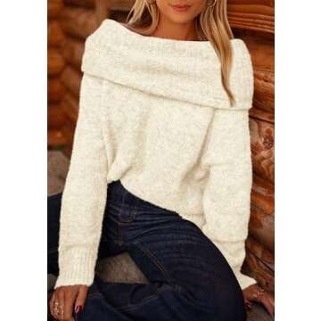 PRETTYGARDEN Women's Sweaters Spring Off The Shoulder Long Sleeve Top 2025 Outfits Loose Knitted Winter Pullover(Beige White,Medium)