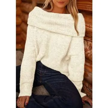 PRETTYGARDEN Women's Sweaters Spring Off The Shoulder Long Sleeve Top 2025 Outfits Loose Knitted Winter Pullover(Beige White,Medium)