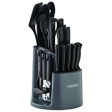 Farberware 30-Piece Spin-and-Store Knife and Kitchen Tool Set with Rotating Storage Caddy, High Carb...