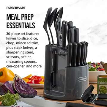 Farberware 30-Piece Spin-and-Store Knife and Kitchen Tool Set with Rotating Storage Caddy, High Carbon-Stainless Steel Kitchen Knives, Razor-Sharp Knife Set, Black