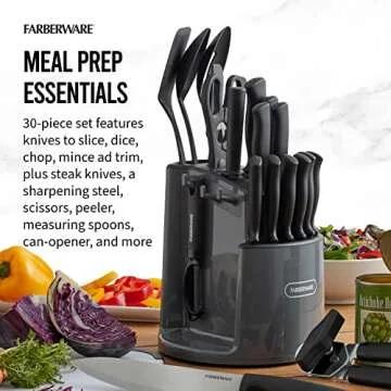 Farberware 30-Piece Spin-and-Store Knife and Kitchen Tool Set with Rotating Storage Caddy, High Carbon-Stainless Steel Kitchen Knives, Razor-Sharp Knife Set, Black