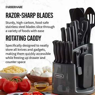 Farberware 30-Piece Spin-and-Store Knife and Kitchen Tool Set with Rotating Storage Caddy, High Carbon-Stainless Steel Kitchen Knives, Razor-Sharp Knife Set, Black