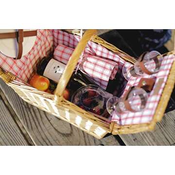PICNIC TIME Piccadilly Picnic Basket, Romantic Picnic Basket for 2 - Includes Utensil Set, Glasses, Plates, and Wine Opener, (Red & White Plaid Pattern)