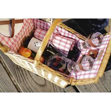 PICNIC TIME Piccadilly Picnic Basket, Romantic Picnic Basket for 2 - Includes Utensil Set, Glasses, Plates, and Wine Opener, (Red & White Plaid Pattern)