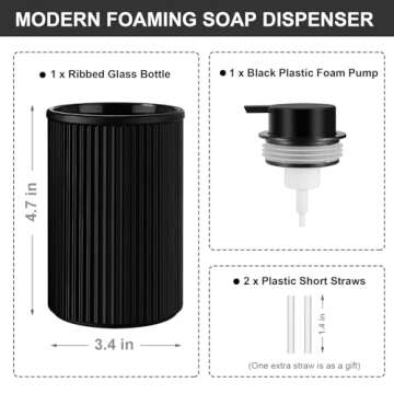 KASUNTING Matte Black Foaming Soap Dispenser, Ribbed Glass Foam Hand Soap Dispenser for Bathroom, 15...