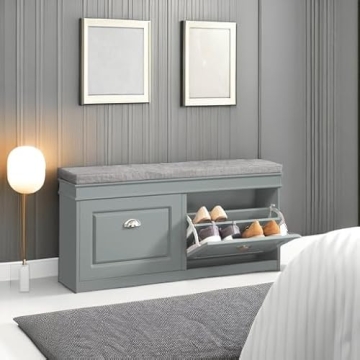 Haotian Shoe Storage Bench with Cushion & Flip Drawers