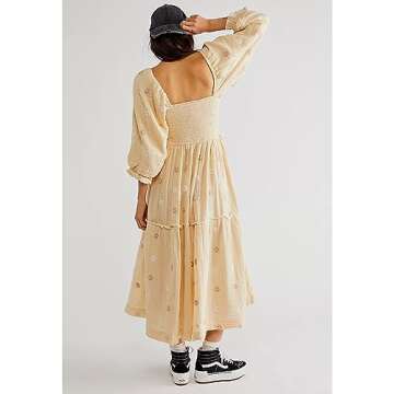 ABYOVRT Women Floral Embroidered Maxi Dress Long Puff Sleeve Square Neck Bohemian Flowy Dress with Pockets Smocked Fall Dress (Beige,S)