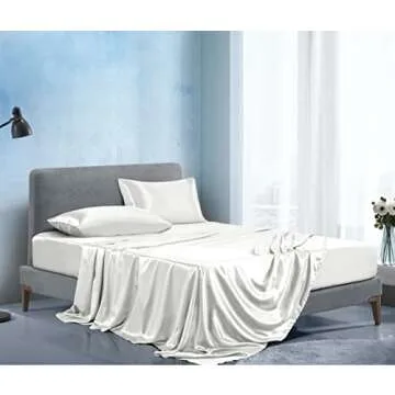 Manyshofu Satin Full Sheets Set 4 Piece - Soft Silky Satin Sheets Set, Ivory White Satin Bed Sheets Cooling & Luxury Bedding Sheet Set(1 Satin Fitted Sheet, 1 Satin Flat Sheet, 2 Satin Pillow Cases)